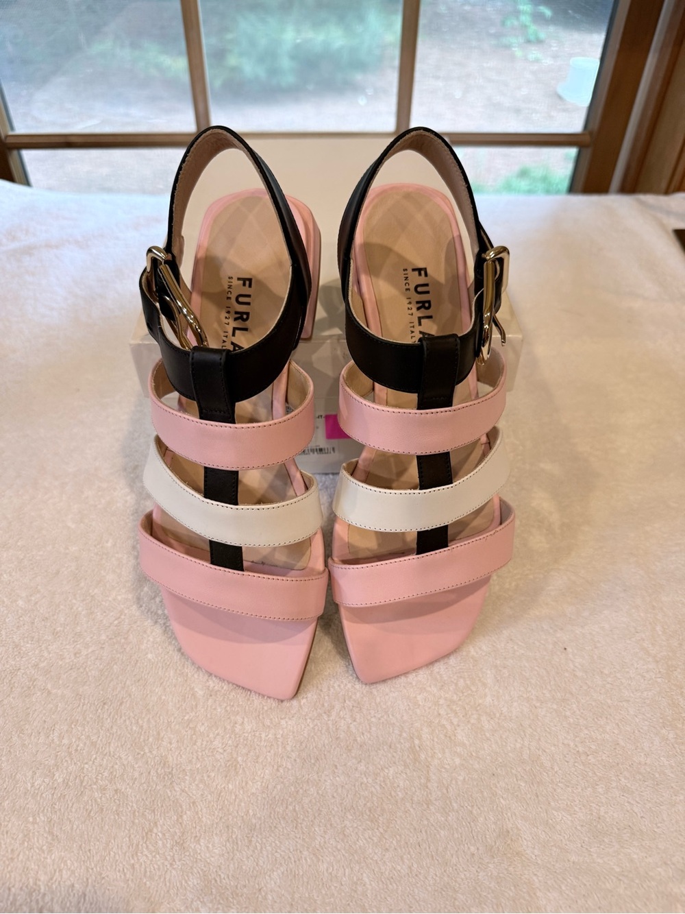 Furla Pink, White & Black Strappy Leather Slingback Heels